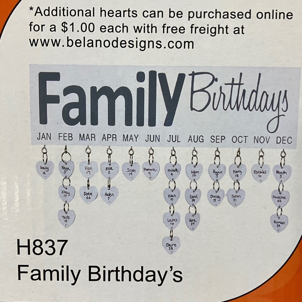 Family Birthday Calendar with Silver Hearts